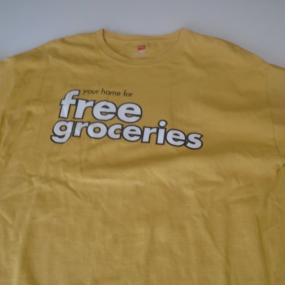 buehlers fresh foods free groceries t shirt adult size large yellow ohio P1